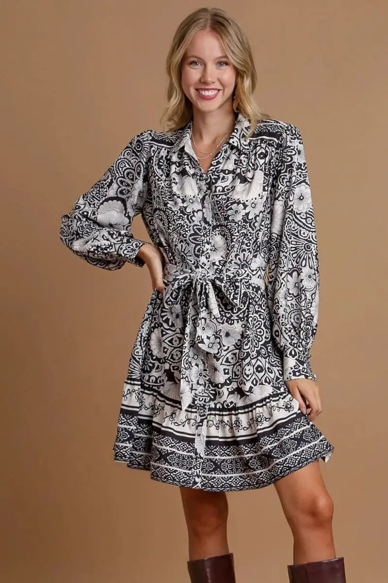 Umgee Full Size Two Tone Floral Border Print Tie Waist Mini Dress Plus Size - Love Salve